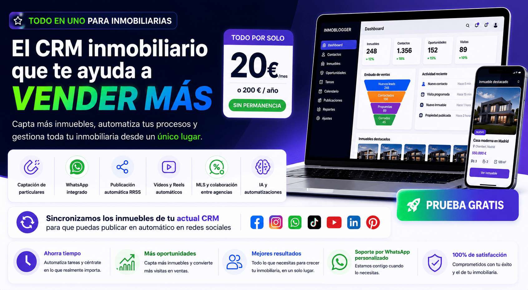 Inmoblogger — CRM inmobiliario con captación, automatización y precio garantizado